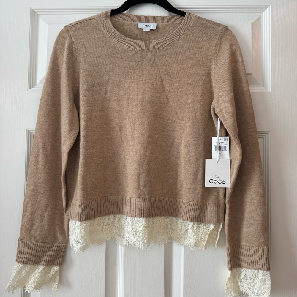 CeCe Women's Beige Sweater with Lace Hem NWT
